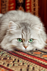 Fluffy grey cat lying on a patterned rug with bright green eyes.