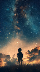 Fototapeta premium A silhouetted child stands on a grassy hill, gazing upwards at a vibrant, starry night sky. The image includes clouds and an orange and blue gradient.