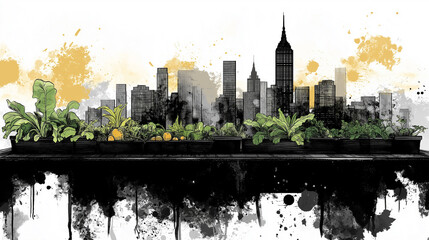 Urban farming rooftop garden with fresh vegetables over a city skyline. Sustainable living and agriculture concept for food production.