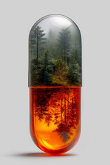 A concept pill filled with a lush forest on top and a fiery forest reflection in amber liquid below, symbolizing nature's medicine.