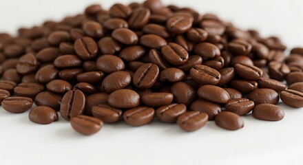 Fototapeta premium Macro View of Rich Brown Roasted Coffee Beans Piled High on a White Surface