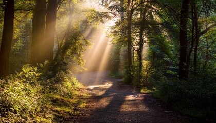 Fototapeta premium sunbeams illuminate a magical forest path
