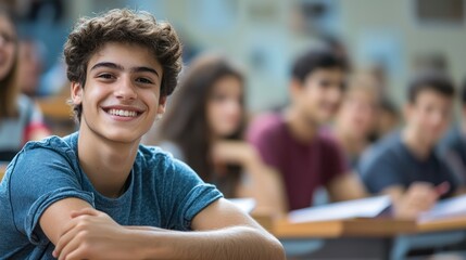 Fototapeta premium A young man smiling in a classroom with a group of students.