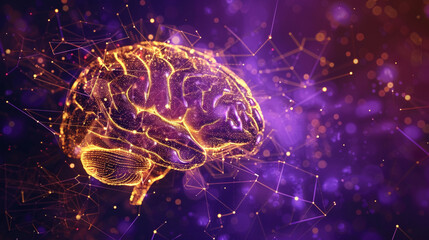 Fototapeta premium Infographic of Brain Rewiring with Gold Pathways Forming Friction-Seeking Patterns on a Purple Holographic Brain – Futuristic Neural Concept