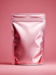 Pink stand up pouch with zipper closure on matching pink background, ideal for packaging products