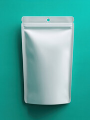 White resealable pouch on teal background, ideal for packaging design and branding