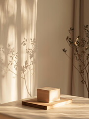 A wooden cube sits on a wooden platform. The image features light and shadow, with plant silhouettes casting shadows on the wall.