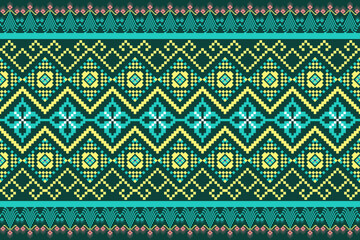 Modern pixel art meets classic elegance in this unique green and yellow pattern. Pixel art textile design is perfect for fashion backgrounds and cultural themes. Vector art style.