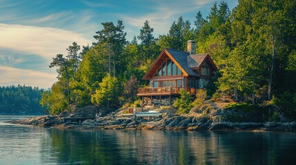 Obraz premium A serene lakeside cabin surrounded by lush green trees and a calm lake, with a wooden deck and a stone pathway leading to the water.