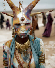 Obraz premium A person with painted face and elaborate headpiece, adorned with jewelry, stands in a blurred outdoor setting. The individual wears a blue shawl.