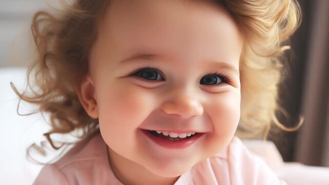 Funny little girl smiling looking at camera at home, cute kid talking to webcam making online video call or recording vlog having fun, preschool child with pretty face waving hand sitting on sofa