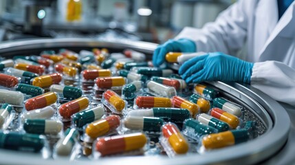 A person in a lab coat and gloves is sorting a tray of colorful pills on a conveyor belt in a pharmaceutical manufacturing facility.