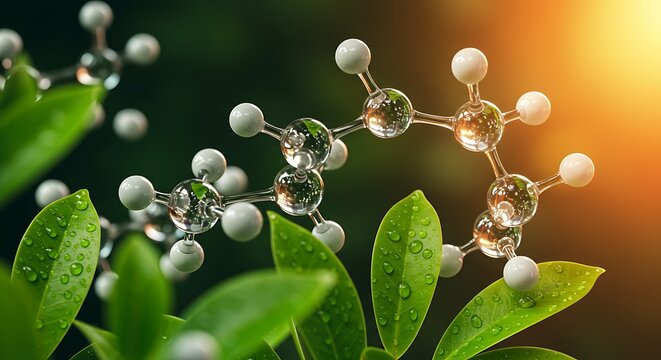 Molecular Structure Intertwined with Dew-Kissed Leaves: A 3D Render of Nature's Chemistry