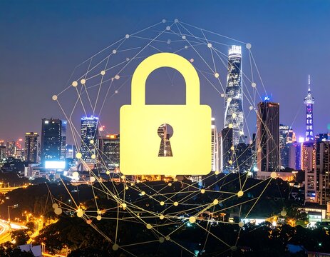 City skyline at night with security lock graphic - Powered by Adobe
