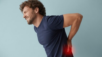 Man with curly hair and beard grimacing in pain holding his lower back with red highlight indicating discomfort 2025 2026 4k full hd download