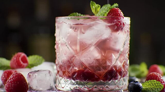 Elegant Raspberry Blueberry Gin Cocktail with Ice Cubes and Mint Garnishing on Dark Background for Adobe Stock