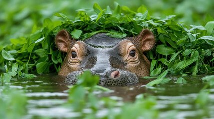 A realistic hippo partially hidden in tall grass, showcasing its natural habitat and blending with the environment.