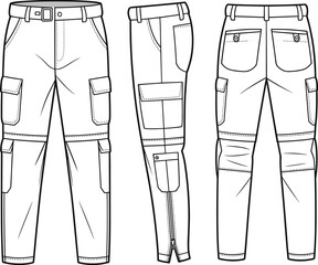 Cargo pants CAD drawing, flat vector illustration, front view, side view, back view, technical sketch, fashion design, apparel template