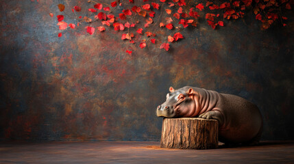 A hippo stands next to an old tree stump, captured in earthy tones showcasing a serene natural scene.