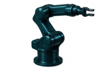 Metallic robotic arm extending its gripper, showcasing industrial automation and advanced technology on a transparent background