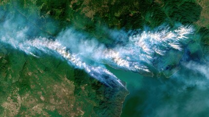 Satellite view of wildfires and deforestation caused by climate change, global scope
