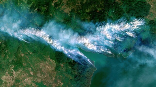 Satellite view of wildfires and deforestation caused by climate change, global scope