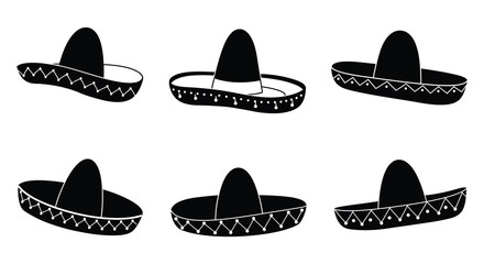 Collection of Six Sombrero Hats in Black and White Silhouette Style silhouette. vector design. Silhouette vector design illustration
