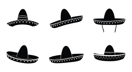 Mexican Sombrero Hats Collection in Black and White Silhouette. vector design. Silhouette vector design illustration
