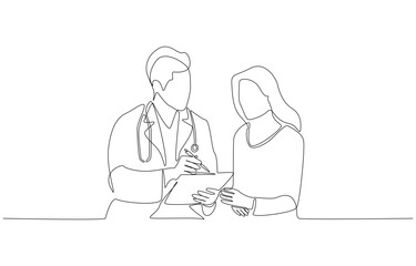 Continuous one line drawing of doctor holding clipboard explaining to patient, healthcare and medical checkup concept, single line art