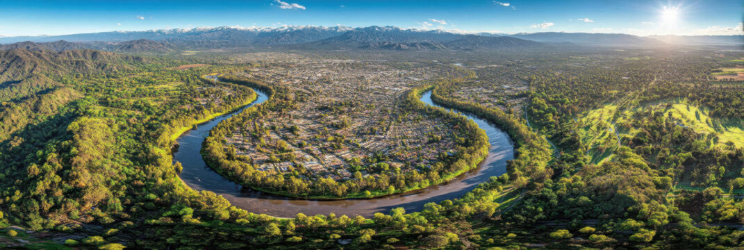 Aerial view of winding river surrounded lush greenery and mountains in background, showcasing vibrant landscape