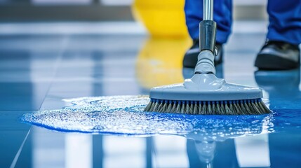 A person cleaning a floor with a mop and bucket.