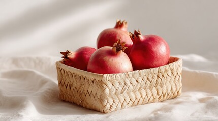 Fresh pomegranates in a woven basket on a soft linen surface, capturing the essence of a cozy kitchen setting.