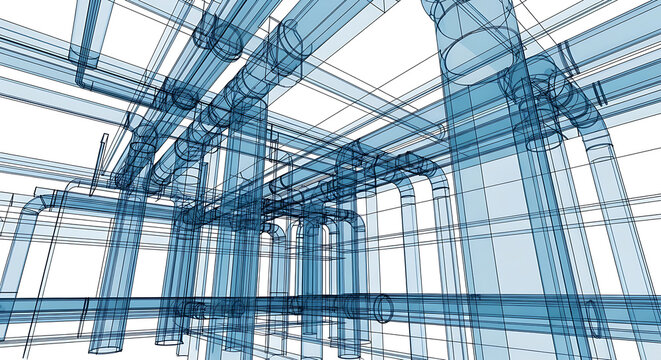 Intricate three-dimensional rendering of an industrial pipe network with detailed architectural