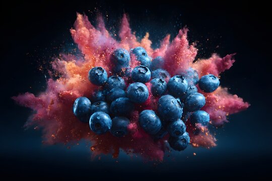 hyper real, fruit Blueberries explosion, fresh, colourful.