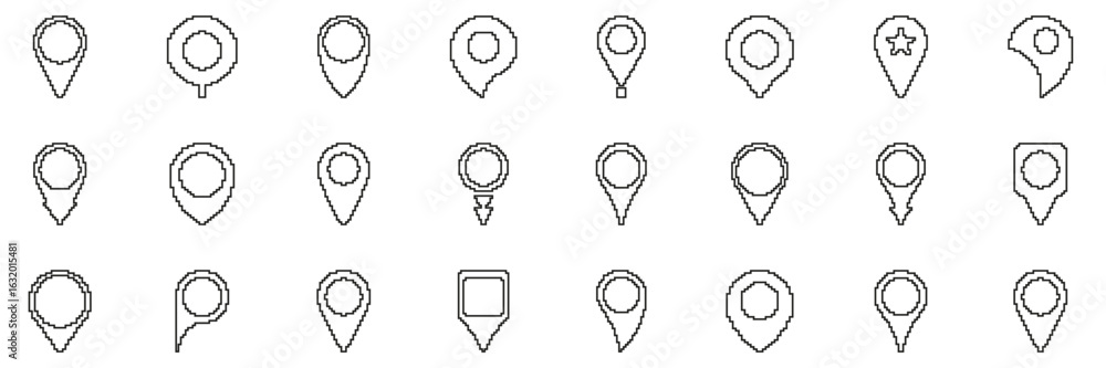 Poster map pin location line icon set. navigation, gps, and geolocation outline symbol collection. pixel ar