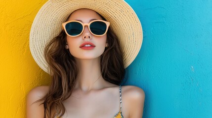 Fototapeta premium A woman wearing a straw hat and sunglasses, leaning against a colorful wall.
