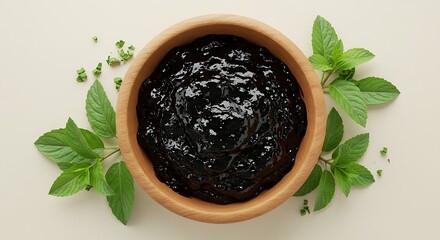Rustic Wooden Bowl with Thick Black Shilajit Resin and Fresh Herbs on Light Background.