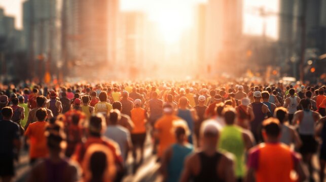 The vibrant crowd of runners participating in a city marathon at sunset.