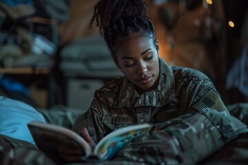 A soldier reading a book in a dimly lit military tent, reflecting calmness and focus in a unique environment.