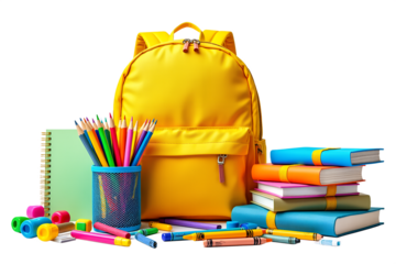 Yellow backpack with school supplies isolated on transparent background