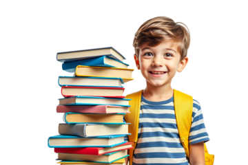 Happy boy with backpack and stack of books isolated on transparent background