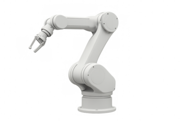 White robotic arm extending its manipulator against a transparent background, ready for industrial automation tasks
