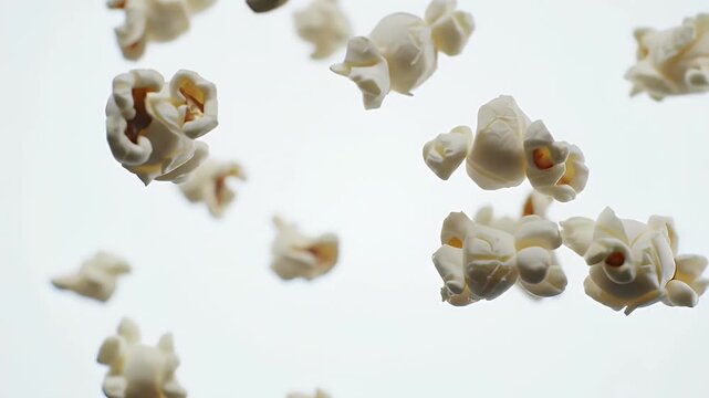 Popcorn Pieces Fly Against a Bright White Background in a Studio Setting