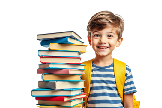 Happy boy with backpack and stack of books isolated on transparent background
