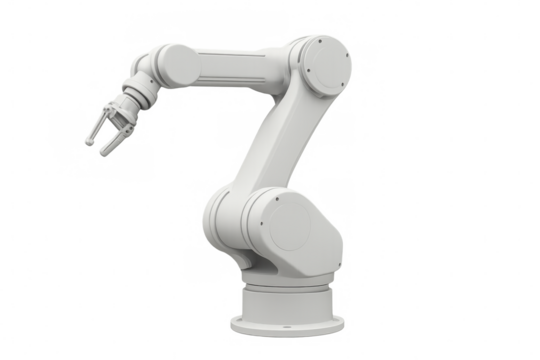 White robotic arm extending its manipulator against a transparent background, ready for industrial automation tasks