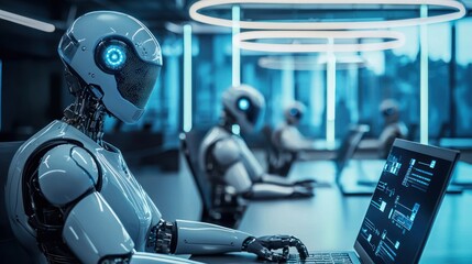 Fototapeta premium A robot working on a laptop in a futuristic office with glowing blue lights.