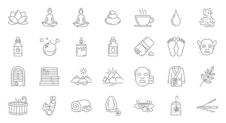 Spa and Wellness Thin Line Icon Set for Relaxation Beauty and SelfCare Minimalist vector symbols for massage yoga and aromatherapy.