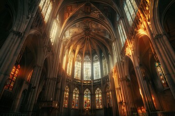 A stunning interior view of a grand cathedral, showcasing soaring arches and stained glass illuminated by sunlight.