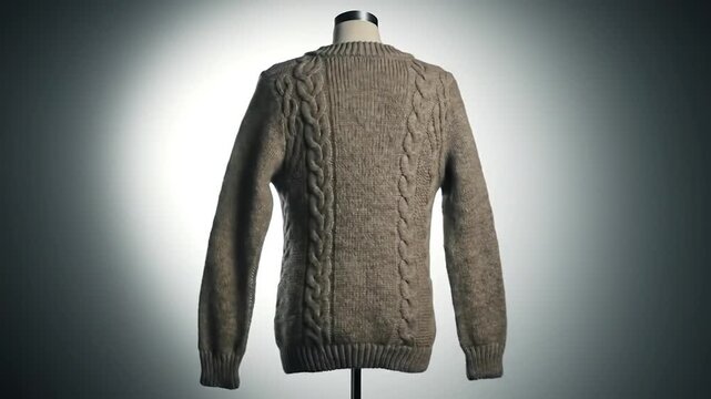 Brown cable knit sweater on mannequin from behind isolated on white background with spotlight