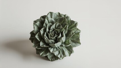 Close up of a succulent plant with green leaves arranged in a spiral pattern on a white background